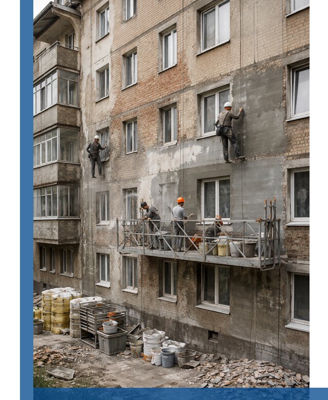 Капитальный ремонт фасада в Кирове-Чепецке с восстановлением и гидроизоляцией