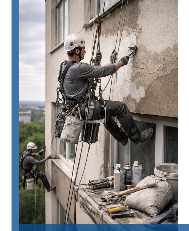 Косметический ремонт фасада зданий в Кирове-Чепецке промышленными альпинистами