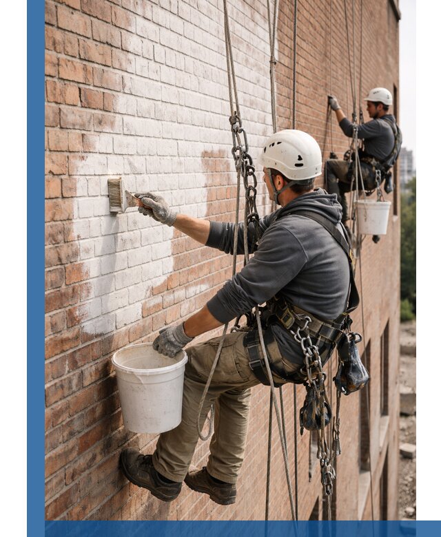 Покраска кирпичного фасада с доступным альпинистским сервисом в Кирове-Чепецке