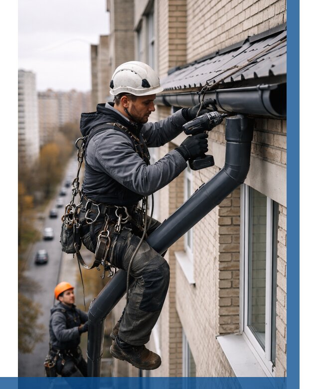 Монтаж водосточной системы на здании в Кирове-Чепецке от 5437 р. | ВЫСОТНИК-Крв