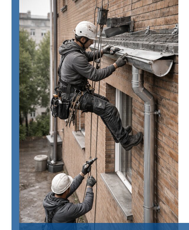 Монтаж водосточной системы на здании в Кирове-Чепецке под ключ