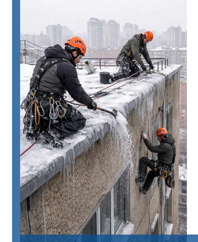 Удаление наледи с кровли в Кирове-Чепецке промышленными альпинистами