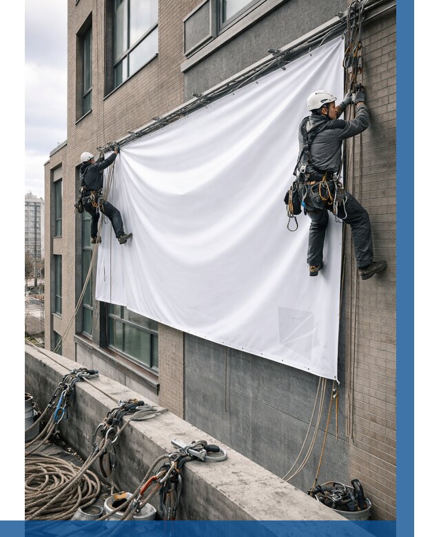 Монтаж баннеров на фасаде в Кирове-Чепецке от 707 р. заказать ВЫСОТНИК-Крв