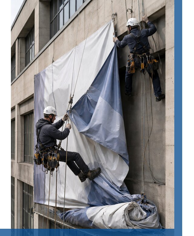 Демонтаж баннеров с фасада в Кирове-Чепецке от 4893 р. | ВЫСОТНИК-Крв