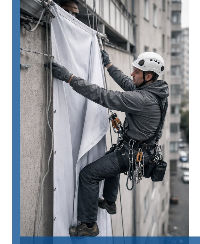 Замена баннерного полотна промышленными альпинистами в Кирове-Чепецке