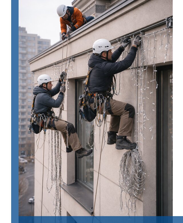 Монтаж праздничных гирлянд на фасаде в Кирове-Чепецке для зданий