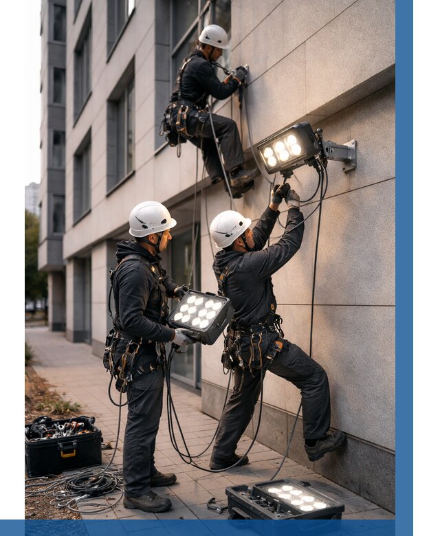 Монтаж прожекторов на фасаде в Кирове-Чепецке от 8156 р. | ВЫСОТНИК-Крв