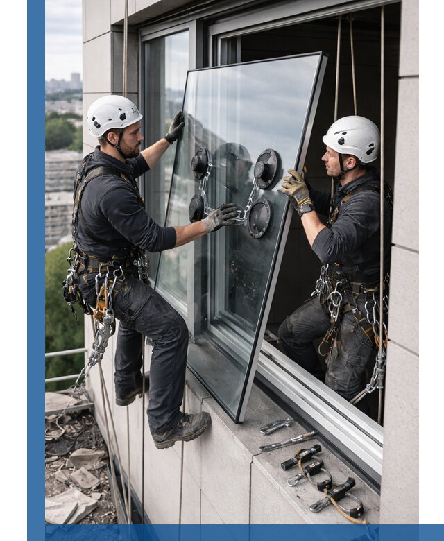 Замена стеклопакетов на высоте с промышленными альпинистами в Кирове-Чепецке