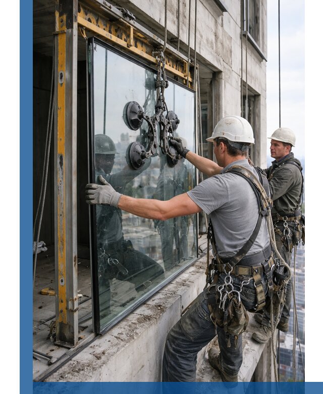Монтаж стеклопакетов на высоте в Кирове-Чепецке с промышленным альпинизмом