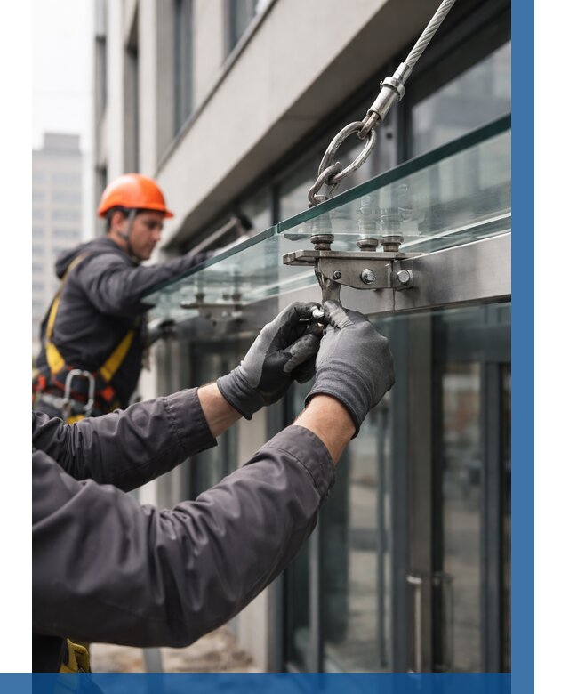 Монтаж стеклянных козырьков в Кирове-Чепецке от 9243 р. | ВЫСОТНИК-Крв