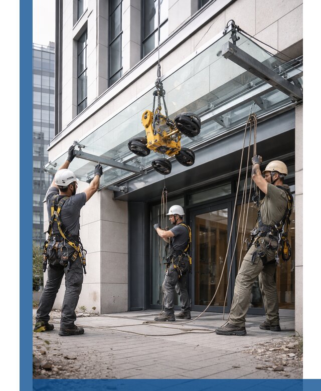 Монтаж стеклянных козырьков под ключ в Кирове-Чепецке для зданий