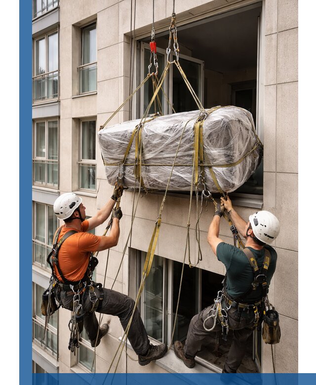 Подъем грузов через окно в Кирове-Чепецке промышленными альпинистами